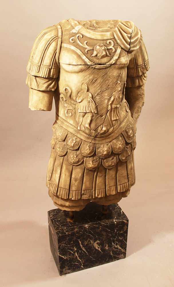 Large Marble Torso in Ancient Roman Style of a warrior in armour with sculpted figures and - Image 3 of 3