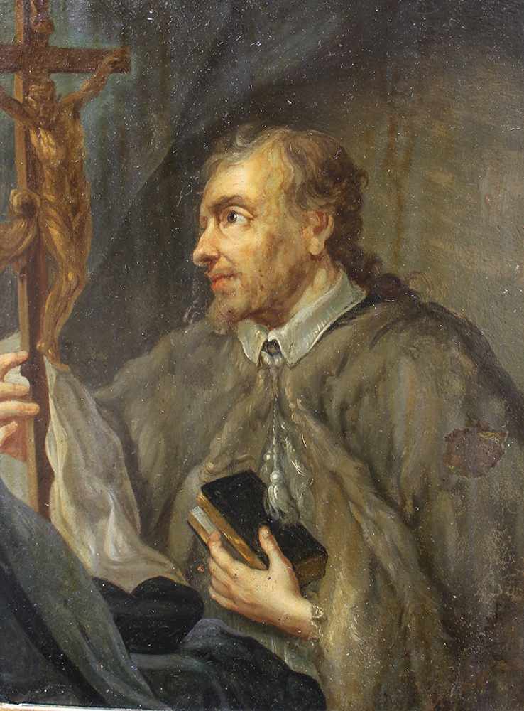 Bohemian School 18th Century, priest with cross and book, oil on metal, framed. 22 x 17 cm - Image 2 of 3