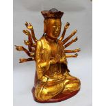 Asian God Sculpture with 14 Hands in sitting position, with sculpted crown, wood carved, gilted