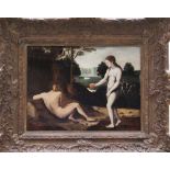 School of Antwerp around 1700: Adam and Eve in the garden of Eden, oil on oak panel, framed 28 x