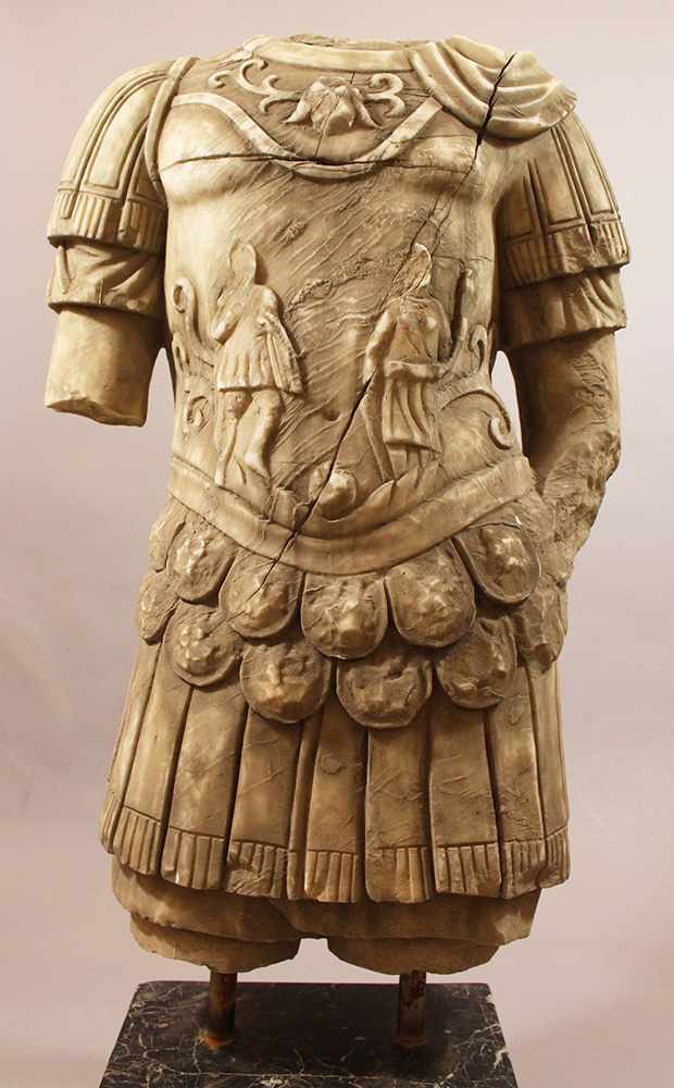Large Marble Torso in Ancient Roman Style of a warrior in armour with sculpted figures and - Image 2 of 3