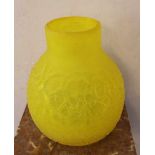 Italian Glass Vase around 1960, iced decoration in yellow colors, peach form, with old producer