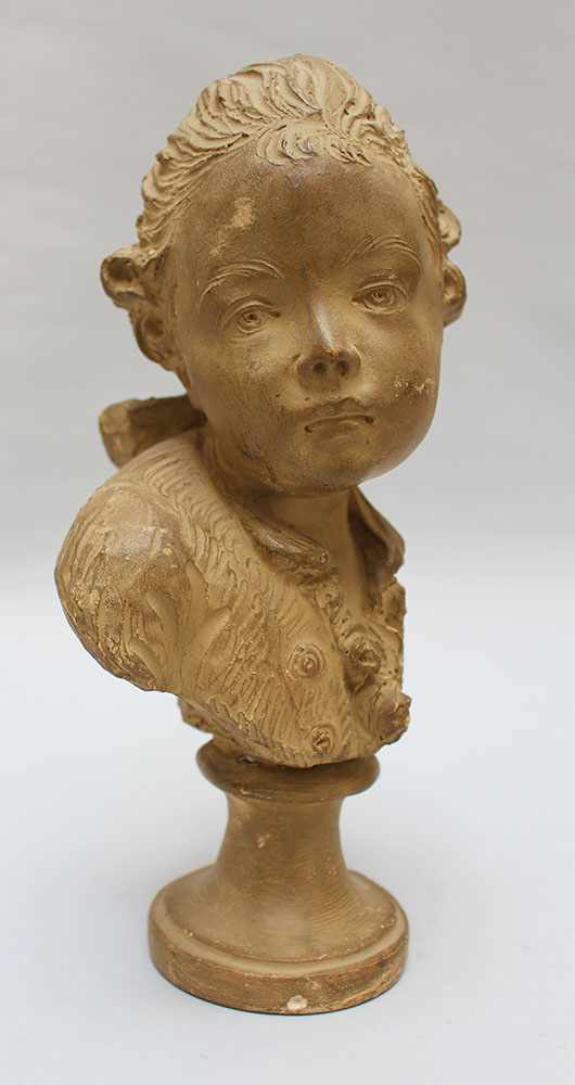 Jean-Baptiste Pigalle ( 1714-1785 )-school , Terracotta bust of a young boy looking to the side with