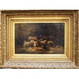 Cornelis van Leemputten(1841-1902), sheeps and poultry in the stable, signed bottom right, Oil on