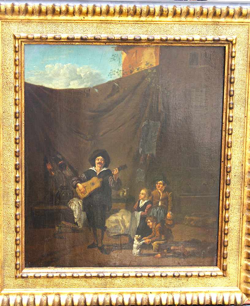 French Artist around 1700, Comedia del Arte, with children listenening to a guitar player and a