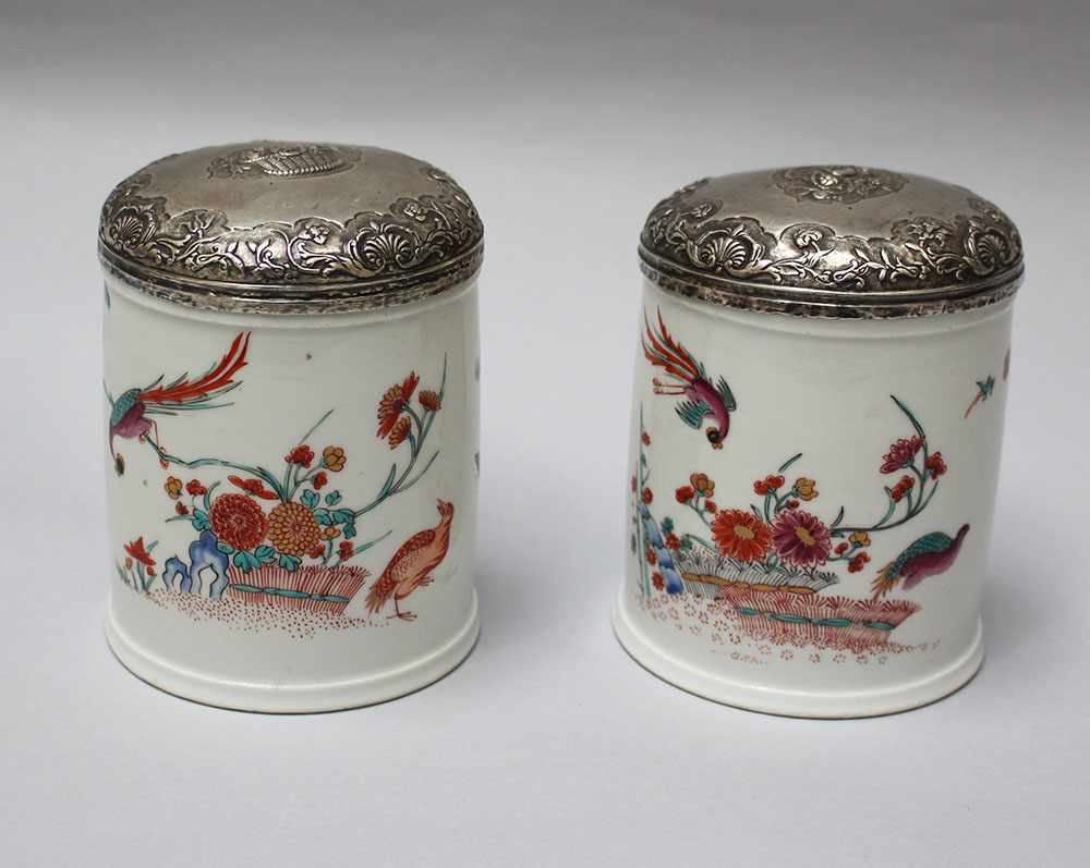 Pair of German Porcelain Containers, round shape with upstanding borders and painted decorations