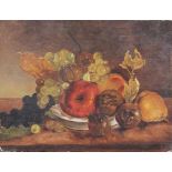 Artist 19. Century, Still Life with fruits and leaves on a dish on table, Oil on Canvas laid dawn on