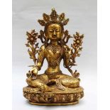 Green Tara in sitting position, with flower decorations , bronze cast with hand finish , on the