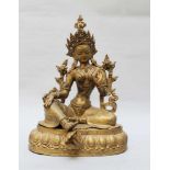 Green Tara in sitting position, with scrolled scarf, flowers, on Lotus base with earth touch, bronze