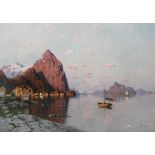 Fritz Grebe (1850-1925 ), Landscape with fisher boats in a Fjord in the background a steam ship, oil