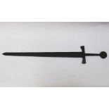 Medieval Iron Sword, with long blade, triangle peak hand protection and round knob, with groove