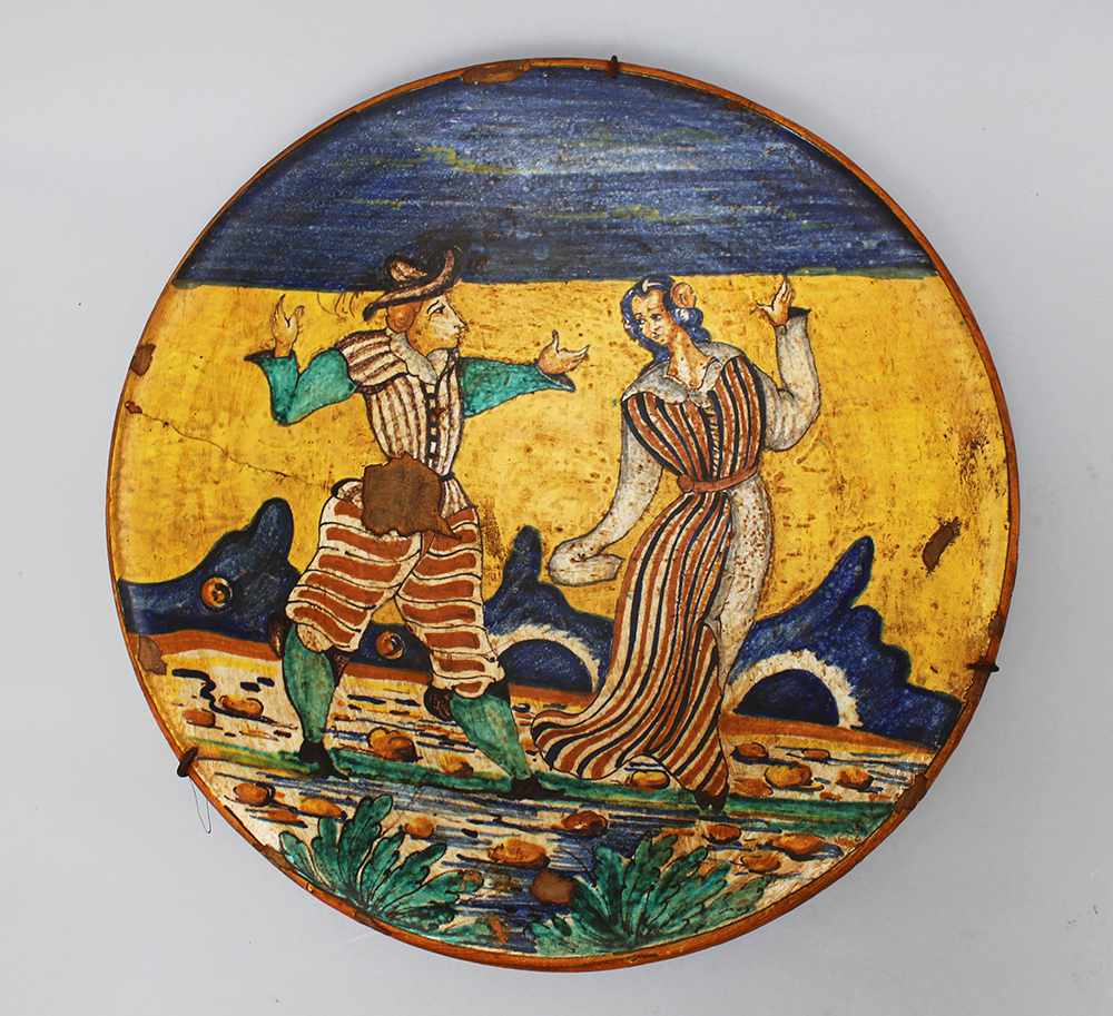 Montelupo Ceramic Dish, round shape with painted ornament of a couple in landscape, glazed, chips, - Image 2 of 3