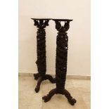 Pair of Chinese collumn Vase stands, wood carved with rich open work ornaments in open space