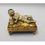 Chinese/ French Sculpture, of a reclining boy resting on his right arm, light brown Asian ceramic,