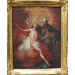 Austrian school 18. century,Jesus with Godfather and the Holy Ghost surrounded by angels , Oil on