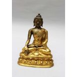 Chinese Bronze Buddha, in sitting position, one hand with earth touch pose, on lotus base, bronze