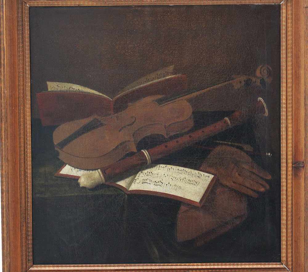 Bartolomeo Bettera (1639 – 1688)- attributed, music stillife with a voinline, notes, pipe and