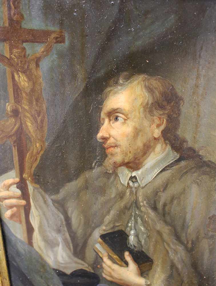 Bohemian School 18th Century, priest with cross and book, oil on metal, framed. 22 x 17 cm - Image 3 of 3