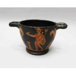 Greek Attic Terracotta Vessel , in round shape , painted in black colors with figural decorations,