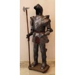 Knights Steel Armour , standing on wooden pedestal with flexible hands and legs, helmet with