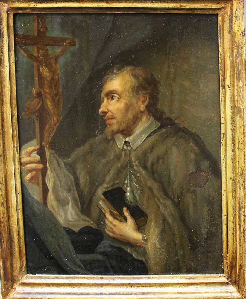 Bohemian School 18th Century, priest with cross and book, oil on metal, framed. 22 x 17 cm
