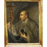 Bohemian School 18th Century, priest with cross and book, oil on metal, framed. 22 x 17 cm