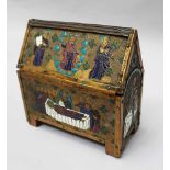 Limoges Enamel Casket in medieval manner, with one lid on four feet, rectangular shape with peaked