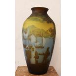 French Glass Vase in Art Nouveau style with cutted and colored glass, landscape with farmers by a