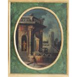 Domenico Roberti (1642-1707)-attributed , Pair of architectural landscapes with figures in oval, oil