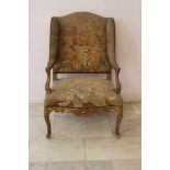 French Aubusson Armchair, with curved legs, lower border and armrests, wood carved, the sides with