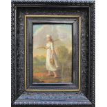 German School early 19th Century, girl with rake and bottle in landscape, oil on metal, framed 28