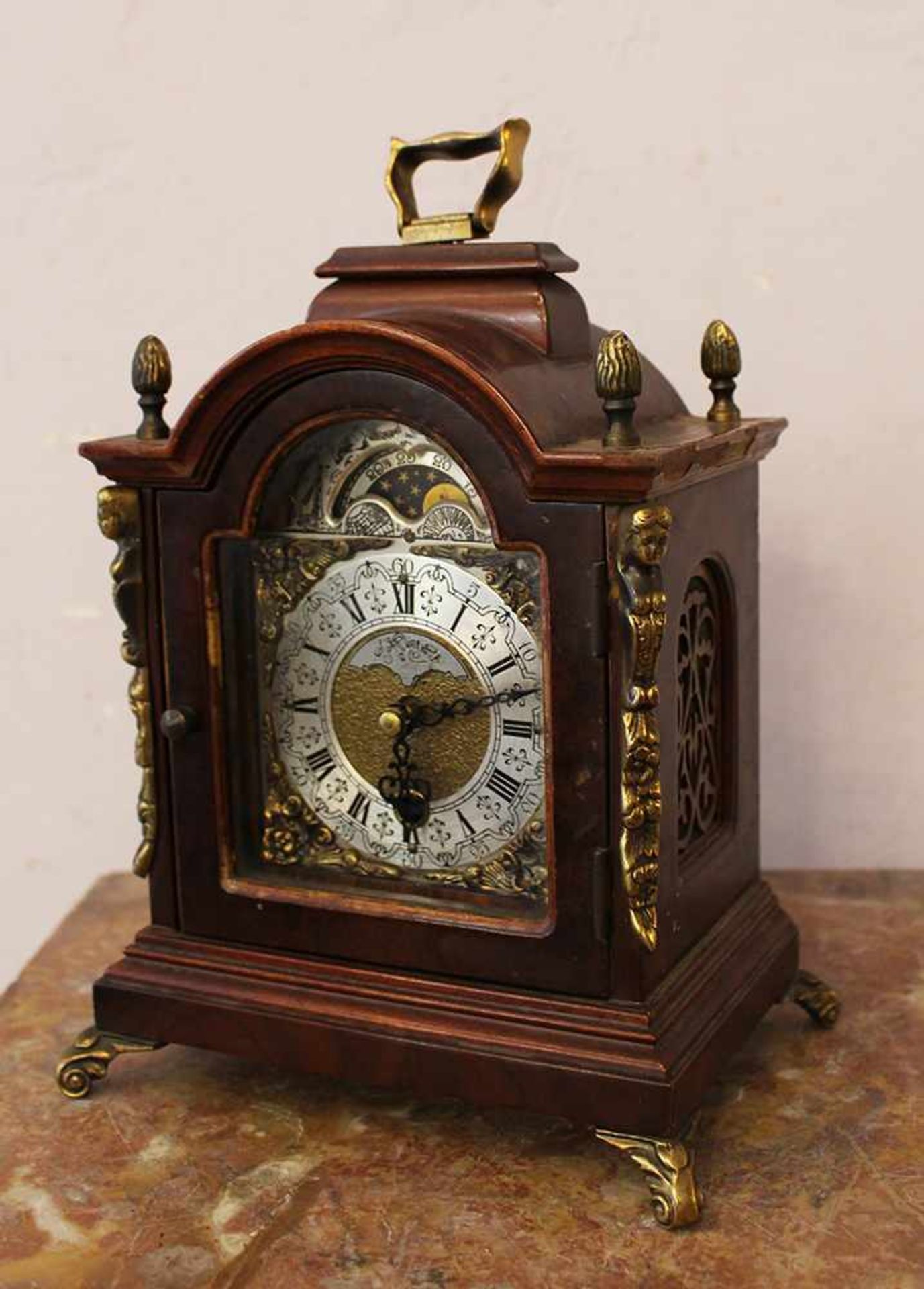 English Clock, silvered metal dial, iron fingers, and moon display, partly engraved with four bronze - Bild 2 aus 3