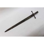 Medieval iron sword with blade and hand protection, finger rest and grip , mount holes in the grip ,