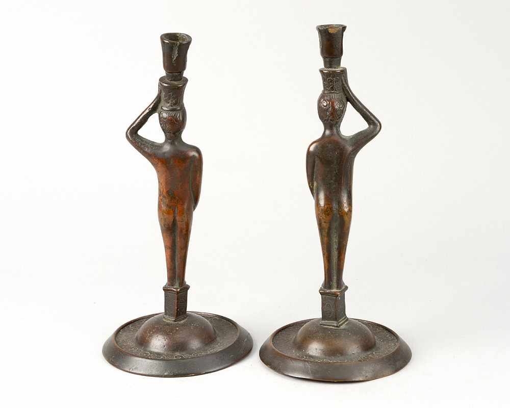 Pair of Nuremberg Candlesticks, bronze cast with original patina, each with one spout and - Image 2 of 3