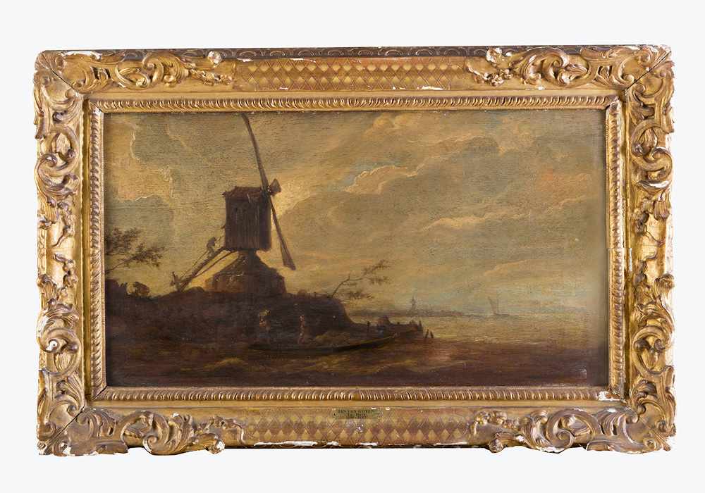 Jan Josephszoon van Goyen ( 1596 -1656), landscape with a ferryboat by a windmill and cloudy sky,