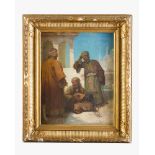 Orientalist around 1870, Mandolin player with a waterpipe and two other men in front of a mosque oil