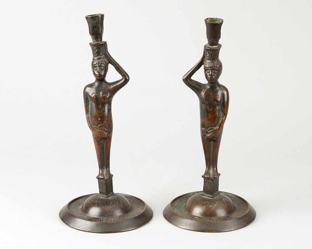 Pair of Nuremberg Candlesticks, bronze cast with original patina, each with one spout and