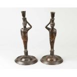 Pair of Nuremberg Candlesticks, bronze cast with original patina, each with one spout and