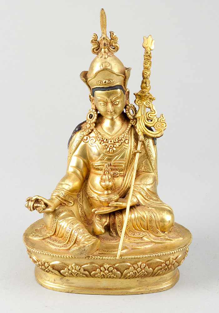 Asarya Padmasambhava , founder of the tibetian buddhism , sculpture on lotus base bronce cast with