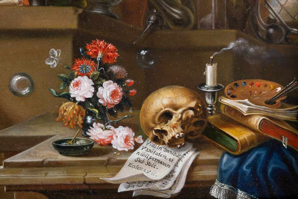 Monogrammist around 1700, Vanitas still life, with skull and several objects on a table and on a - Image 3 of 3