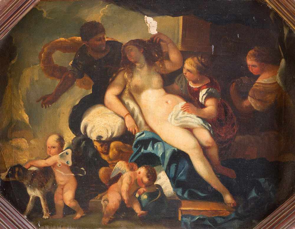 Luca Giordano ( 1634- 1705 )-attributed, Mars and Venus, oil on canvas, framed, octagonal. 60 x 78 - Image 2 of 3