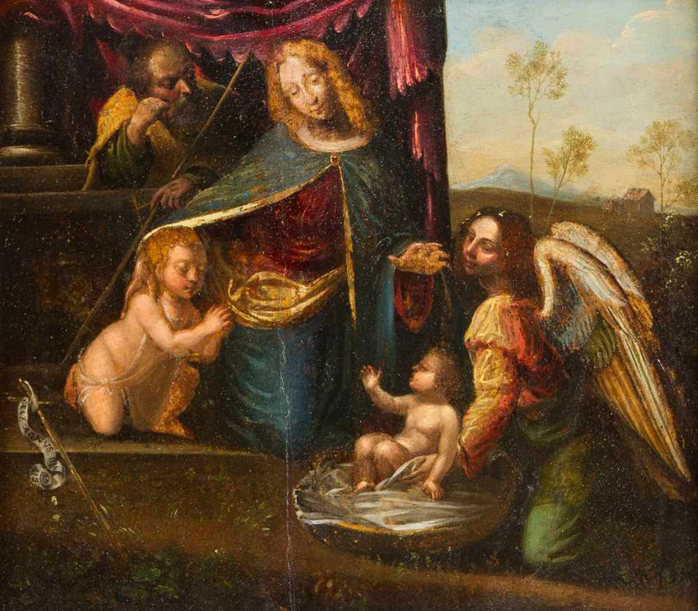 Marco d’Oggiono, (1475- 1530)-follower, Maria with Joseph, Saint John and the archangle Michael on - Image 2 of 3