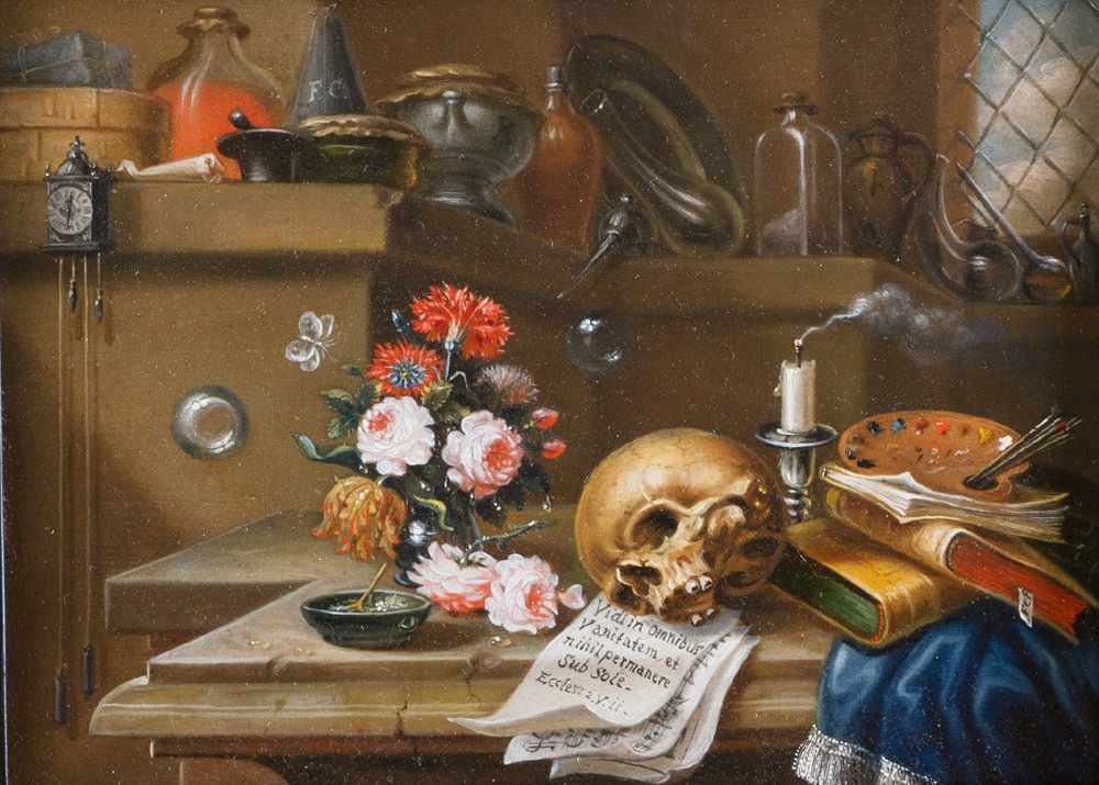 Monogrammist around 1700, Vanitas still life, with skull and several objects on a table and on a - Image 2 of 3