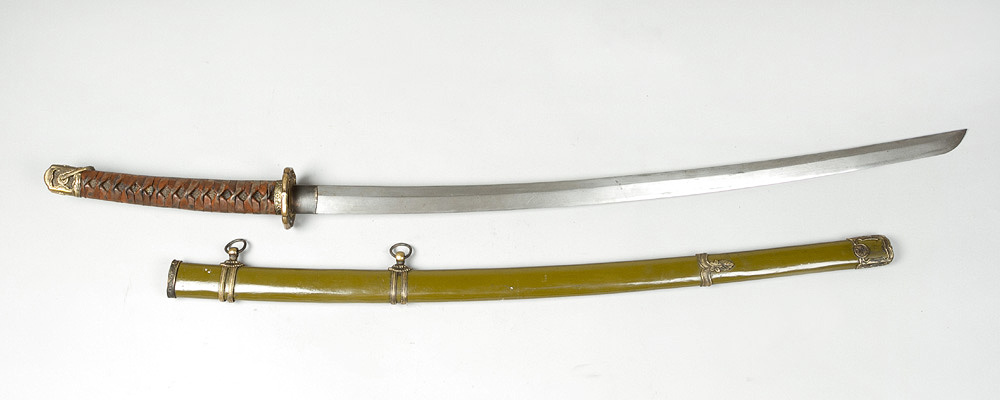 Japanese Katana Sword, with bowed canted damascene blade and gilded script signs, numbered, open and