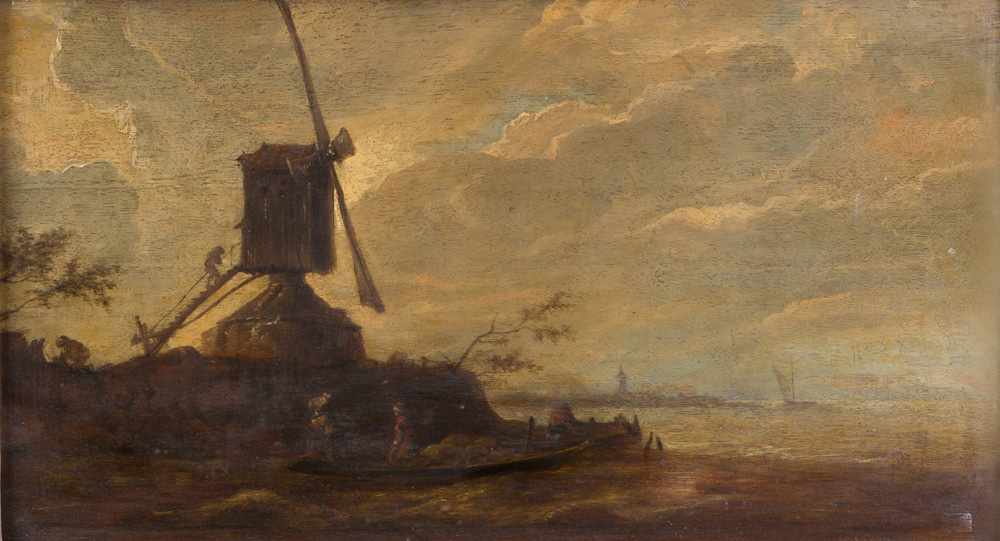 Jan Josephszoon van Goyen ( 1596 -1656), landscape with a ferryboat by a windmill and cloudy sky, - Image 2 of 3