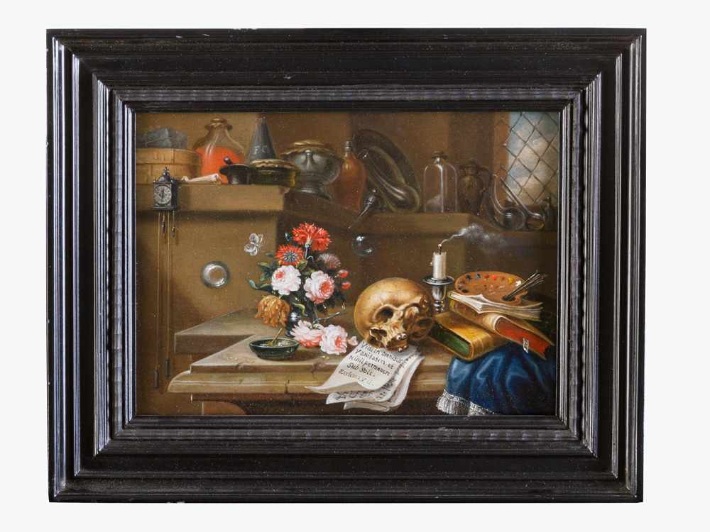 Monogrammist around 1700, Vanitas still life, with skull and several objects on a table and on a