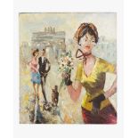 Berlin around 1960, girl with flowers and couple in front of the Brandenburger Tor, oil on canvas,