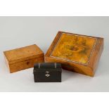 Lot of three Biedermeier Boxes, with lids, one with a painted portrait of two girls and iron mounts,