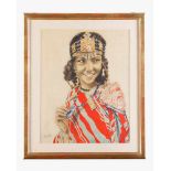 French Artist 20th Century, north african girl with traditional dress, pencil with watercolour on