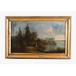 Italian Artist 19th Century, castle Miramare with view to Triest, oil on canvas, framed. 32 x 54 cm